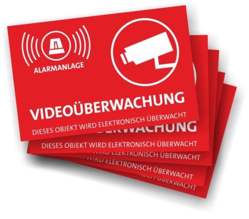 10 x Aufkleber Alarmgesichert - Videoüberwachung 85x55mm  - rot/weiss